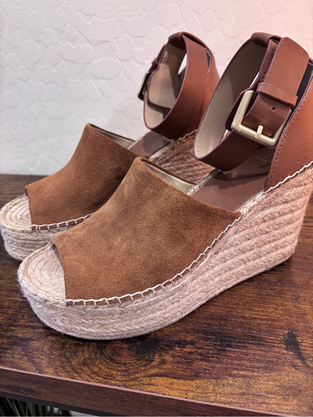 Marc Fisher Brown Suede Espadrille Wedge Sandals with Ankle Strap
